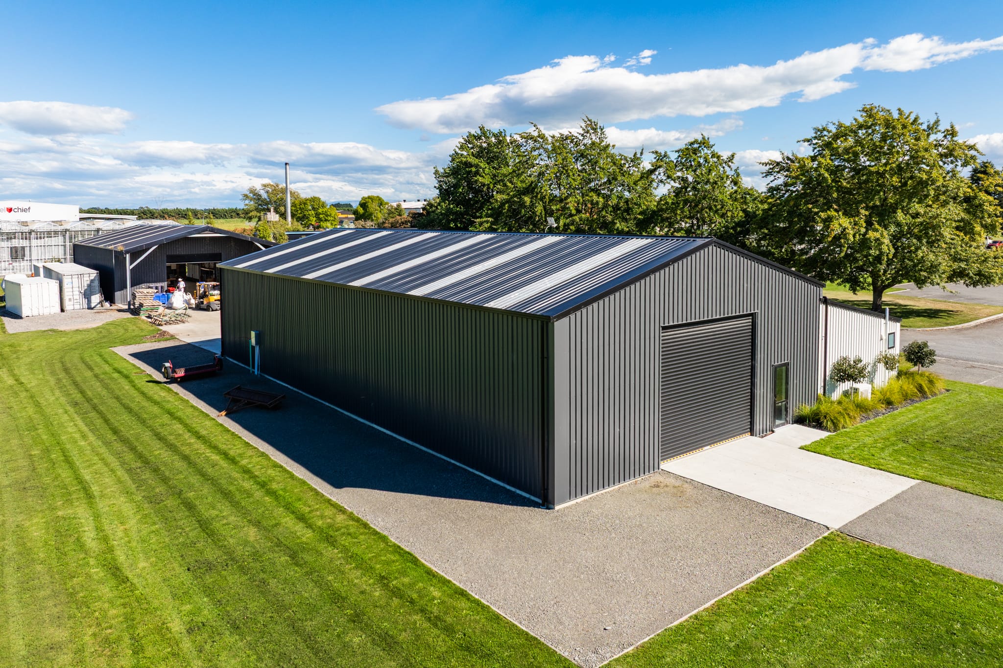 Modern commercial building with large warehousing capacity and secure yard space at Innovation Park Templeton. Ideal for commercial leasing, industrial property use, design and build projects, and property for business seeking a premium agribusiness industrial location.