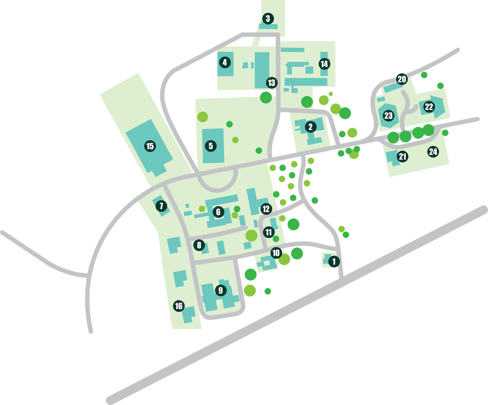 Site map of Innovation Park Canterbury showing building locations, internal roads, landscaped areas and access from Kirk Road. Commercial business park layout highlighting office, industrial and development opportunities in Christchurch.